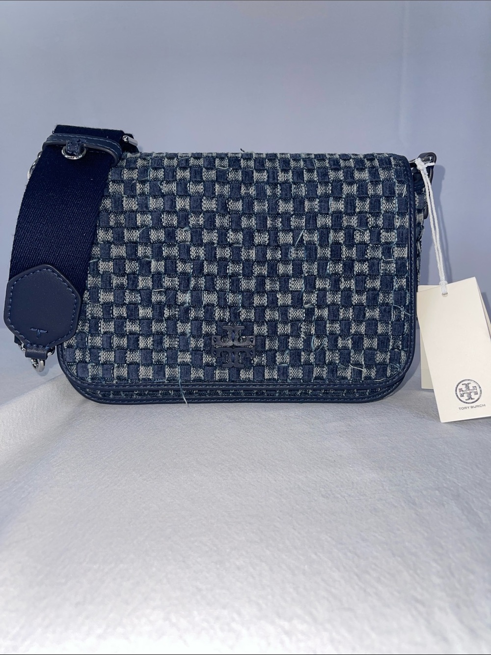 Tory Burch Thea Woven Denim Flap Crossbody Bag Navy Blue NWT